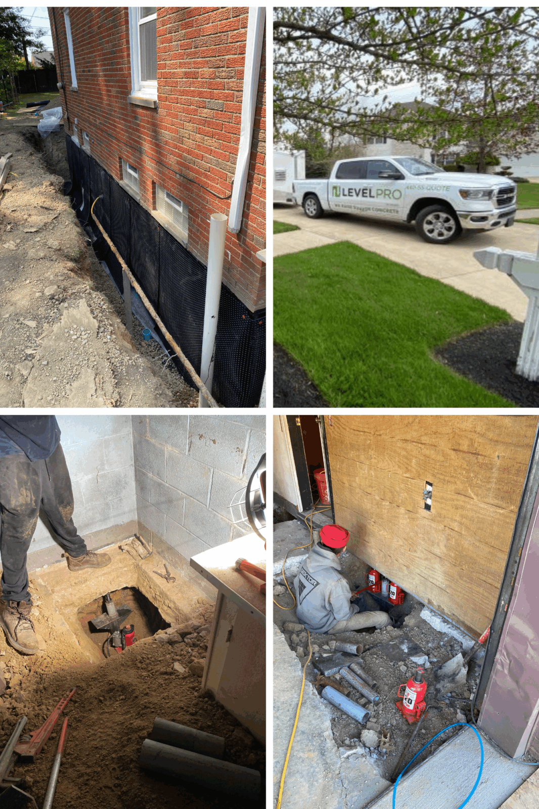 Collage featuring foundation repair and waterproofing services alongside a Level Pro service truck